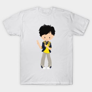 Rock Boy, Black Hair, Microphone, Band Singer T-Shirt